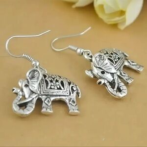 Bohemian Silver Elephant Dangle Earrings NWT